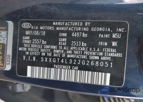 2018 Kia Optima Lx из США, поврежденный, VIN 5XXGT4L32JG268051